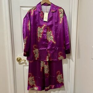 NWT Navisting Purple Satin Pajama Set‎ M Cheetah Print Button Top Lounge Pants